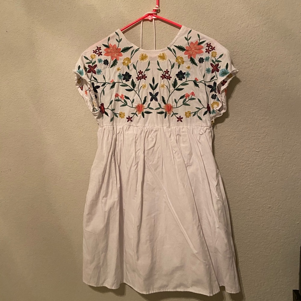 Flower Embroidered White Dress